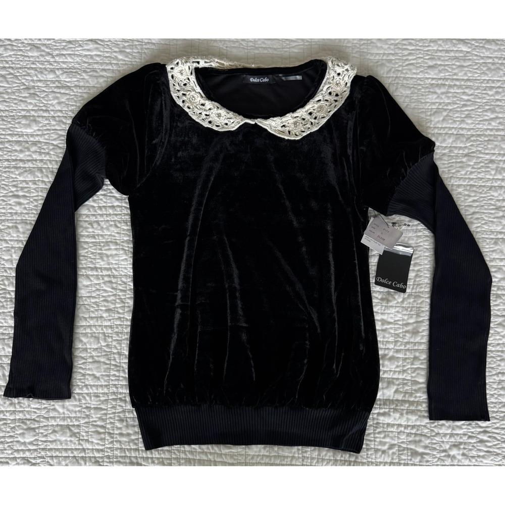 Black Velvet Top Beaded Crochet Collar Peter Pan Ribbed Knit Sleeves Hem NEW M